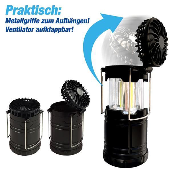 2er-Set 2in1 Campinglampe & Ventilator – Helles COB Licht & Abkühlung für Zelt, Outdoor & Wandern – Kompakt & Batteriebetrieben