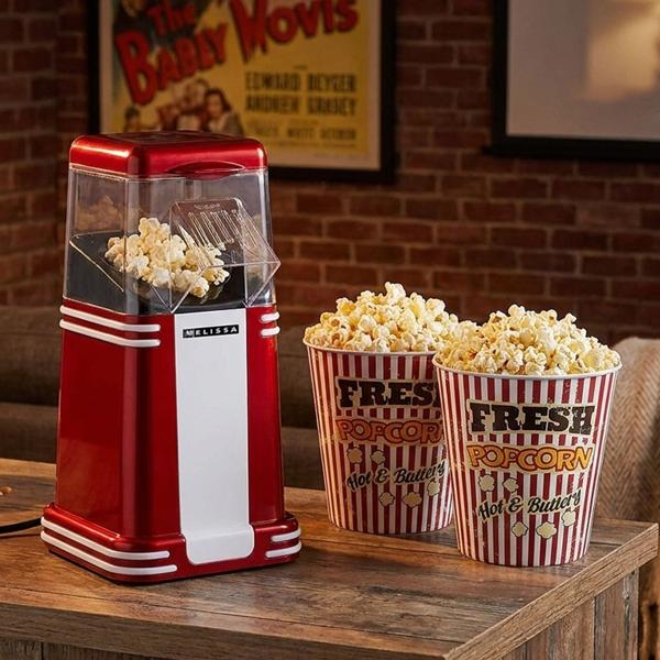 Retro hot‑air popcorn machine – red/white, aluminium / plastic, 15x29x17 cm, 2 cinema cups, popcorn maker, fast, easy, low‑fat