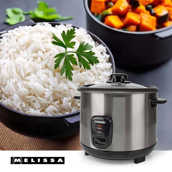 Cuiseur à riz en inox design avec fonction maintien au chaud, 1,5 litre, 500 W, noir - argenté, revêtement antiadhésif, pour jusqu’à 8 portions de riz délicieux