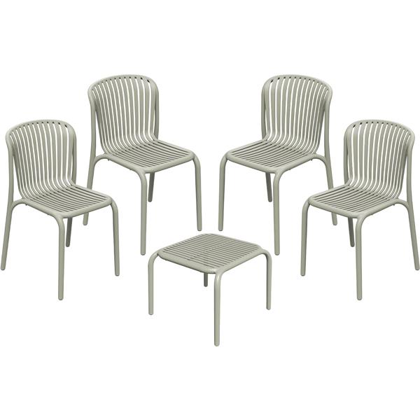 Set: 4 Stapelbare Gartenstühle und ein moderner Beistelltisch in Beige, Bauhaus-Optik - ergonomische Terrassenstühle & stabiler Gartentisch