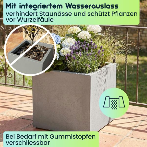 3er-Set Blumentopf Quadratisch 38cm in Beton-Grau, Pflanzkasten 25L aus Kunststoff für Innen & Aussen, Frostsicher & UV-Beständig, Leichtgewicht