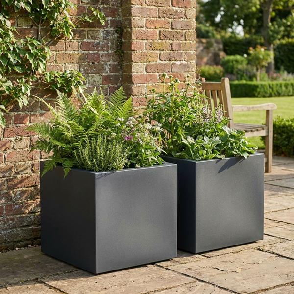 Lot de 2 pots de fleurs carrés 38 cm anthracite, bac à plantes 25L en plastique pour intérieur & extérieur, résistant au gel & aux UV, léger