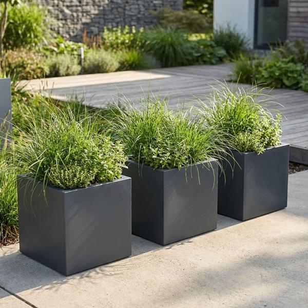 Lot de 3 pots de fleurs carrés 38 cm anthracite, bac de plantation 25L en plastique pour intérieur & extérieur, résistant au gel & aux UV, poids léger