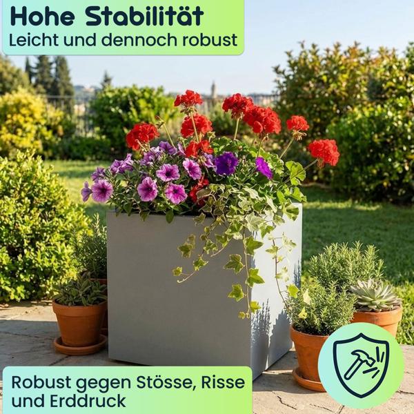 2er-Set Blumentopf Quadratisch 47cm in Beton-Grau, Pflanzkasten 51L aus Kunststoff für Innen & Aussen, Frostsicher & UV-Beständig, Leichtgewicht