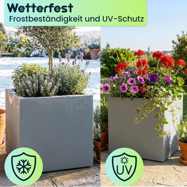 2er-Set Blumentopf Quadratisch 47cm in Beton-Grau, Pflanzkasten 51L aus Kunststoff für Innen & Aussen, Frostsicher & UV-Beständig, Leichtgewicht