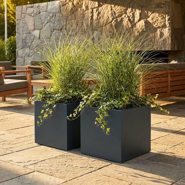 Lot de 2 pots de fleurs carrés 47 cm anthracite, bac à plantes 51L en plastique pour intérieur & extérieur, résistant au gel & aux UV, léger