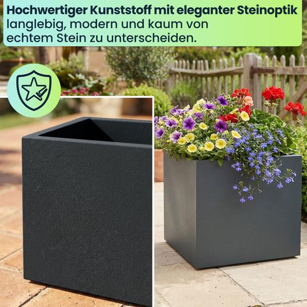 2er-Set Blumentopf Quadratisch 47cm in Anthrazit, Pflanzkasten 51L aus Kunststoff für Innen & Aussen, Frostsicher & UV-Beständig, Leichtgewicht