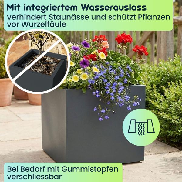 3er-Set Blumentopf Quadratisch 47cm in Anthrazit, Pflanzkasten 51L aus Kunststoff für Innen & Aussen, Frostsicher & UV-Beständig, Leichtgewicht