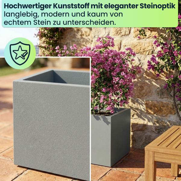3er-Set Blumentopf Quadratisch 58cm in Beton-Grau, Pflanzkasten 91L aus Kunststoff für Innen & Aussen, Frostsicher & UV-Beständig, Leichtgewicht