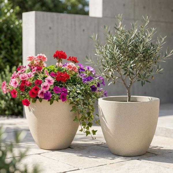 2er-Set Moderner Pflanzkübel Rund Ø38cm in Sand, Blumentopf 23L aus Kunststoff für Innen & Aussen, Frostsicher & UV-Beständig, Leichtgewicht