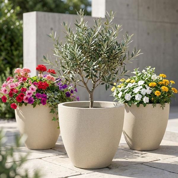 3er-Set Moderner Pflanzkübel Rund Ø38cm in Sand, Blumentopf 23L aus Kunststoff für Innen & Aussen, Frostsicher & UV-Beständig, Leichtgewicht