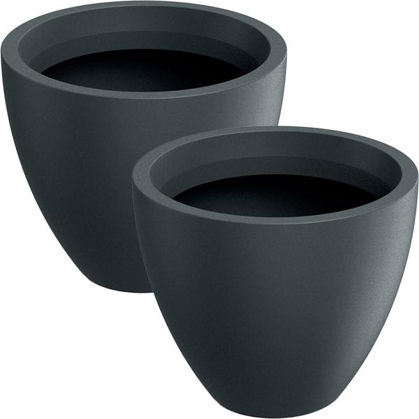Lot de 2 pots de fleurs ronds 38 cm, graphite – Grand récipient pour plantes pour l’extérieur et l’intérieur – Look moderne & design élégant pour jardin et terrasse