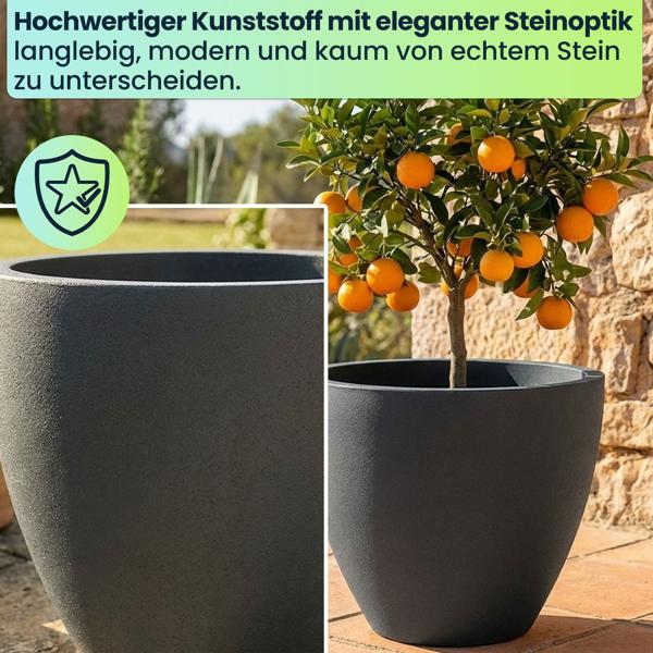 2er-Set Blumentopf Rund 38cm, Graphit – Grosses Pflanzgefäss für Aussen und Innen – Moderne Optik & Edles Design für Garten und Terrasse