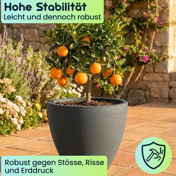 2er-Set Blumentopf Rund 38cm, Graphit – Grosses Pflanzgefäss für Aussen und Innen – Moderne Optik & Edles Design für Garten und Terrasse