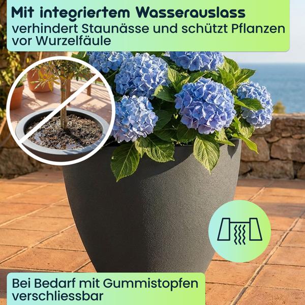 4er-Set Blumentopf Rund 38cm, Graphit – Grosses Pflanzgefäss für Aussen und Innen – Moderne Optik & Edles Design für Garten und Terrasse