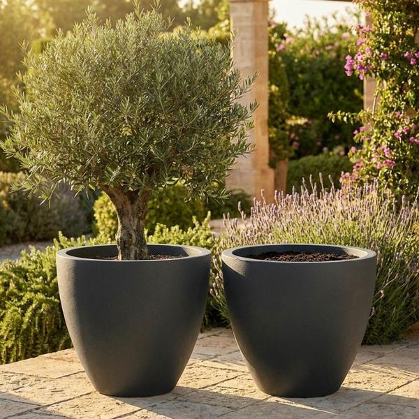 Set de 2 pots de fleurs ronds 58 cm, graphite – Grande jardinière pour l’extérieur et l’intérieur – Look moderne & design raffiné pour jardin et terrasse