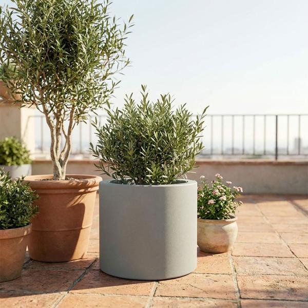 2er-Set Moderner Blumentopf Rund Ø38cm in Beton-Grau, Pflanzkübel 19L aus Kunststoff für Innen & Aussen, Frostsicher & UV-Beständig, Leichtgewicht
