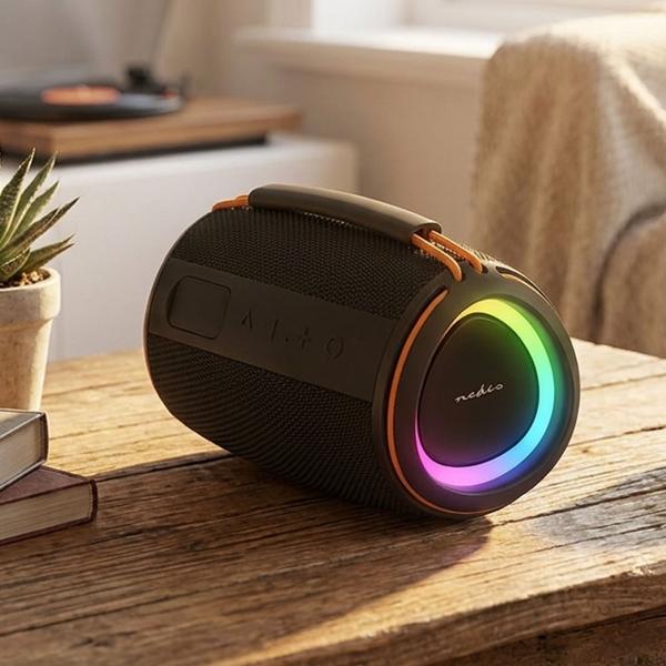 Haut-parleur Bluetooth 5.4 compact, 40 W – Enceinte musicale mobile sans fil, portable avec batterie pour l’extérieur et la maison, son puissant, noir/orange