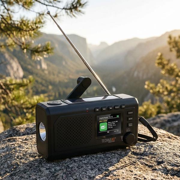 Reliable solar crank radio DAB+ FM emergency radio with power bank, torch & Bluetooth: robust outdoor radio for camping & crises