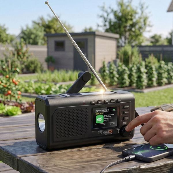 Reliable solar crank radio DAB+ FM emergency radio with power bank, torch & Bluetooth: robust outdoor radio for camping & crises