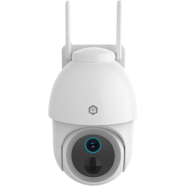 Caméra Wi‑Fi 4K d’extérieur avec batterie et option solaire, PTZ 355° orientable, vision nocturne couleur, projecteur, sirène, IP65 étanche & compatible Alexa/Google