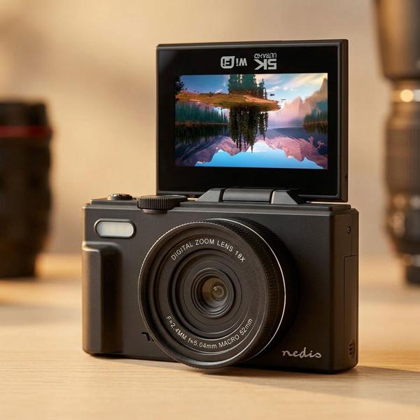 Digital 4K photo camera – professional vlogging camera with WiFi, flip screen & 75 MP, compact vlog camera for holidays & YouTube, black