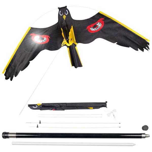 Set cerf-volant répulsif oiseaux : grand épouvantail volant avec mât télescopique robuste en fibre de verre de 9 m pour jardins, champs et étangs à poissons