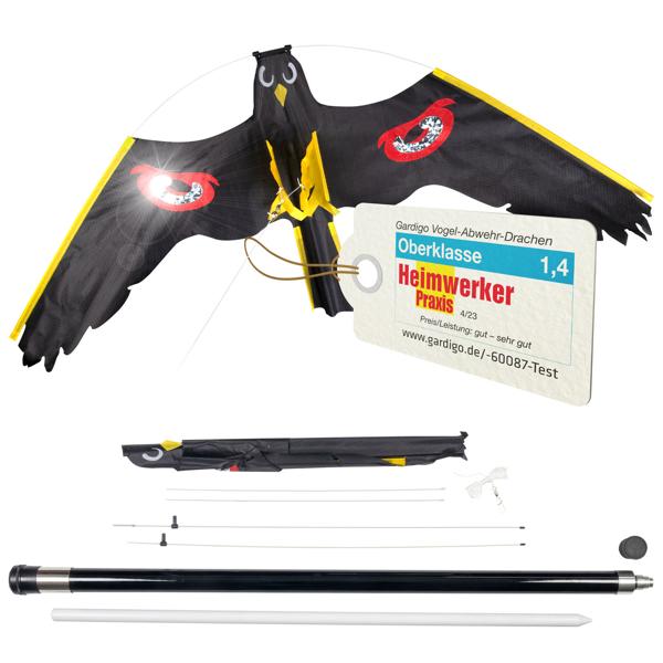 Set cerf-volant répulsif oiseaux : grand épouvantail volant avec mât télescopique robuste en fibre de verre de 9 m pour jardins, champs et étangs à poissons