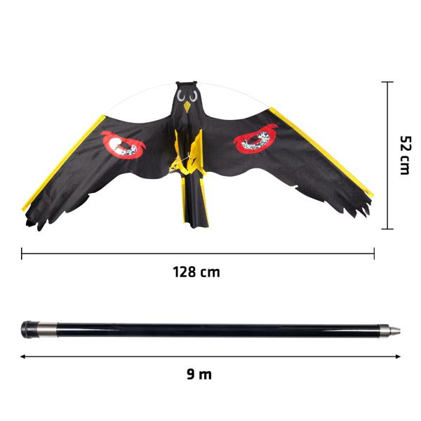 Set cerf-volant répulsif oiseaux : grand épouvantail volant avec mât télescopique robuste en fibre de verre de 9 m pour jardins, champs et étangs à poissons