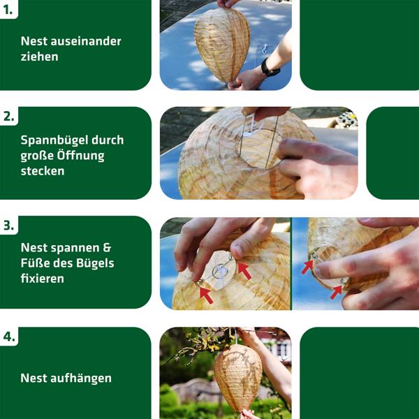 Wespennest Attrappe 4er-Set aus Papier - Natürliche Wespenabwehr ohne Chemie für Vordach, Terrasse, Carport und Pergola - Wespenschreck