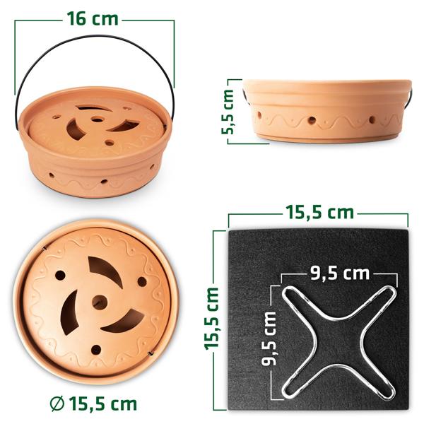 Diffuseur de café anti‑guêpes – Récipient en terre cuite résistant au feu pour l’encens de café moulu – Répulsif naturel pour guêpes avec dessous‑de‑plat et anse en fil métallique pour la suspension