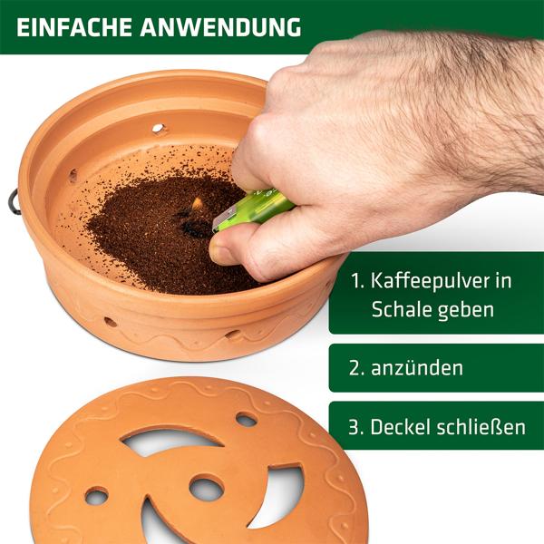 Diffuseur de café anti‑guêpes – Récipient en terre cuite résistant au feu pour l’encens de café moulu – Répulsif naturel pour guêpes avec dessous‑de‑plat et anse en fil métallique pour la suspension