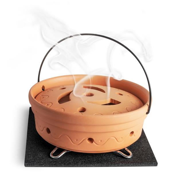 Diffuseur de café anti‑guêpes – Récipient en terre cuite résistant au feu pour l’encens de café moulu – Répulsif naturel pour guêpes avec dessous‑de‑plat et anse en fil métallique pour la suspension