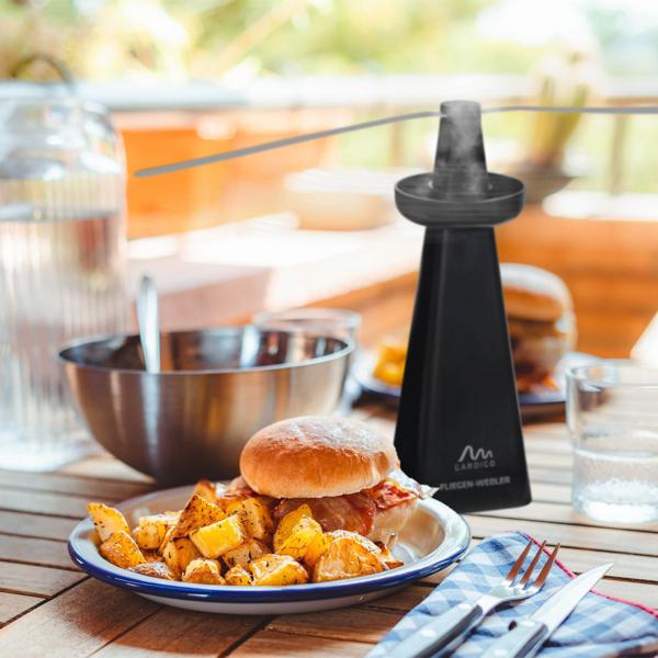 Lot de 2 chasse-mouches avec coupelle parfum guêpes – ventilateur chasse-insectes à piles pour table à manger & extérieur – à poser ou à suspendre avec crochet