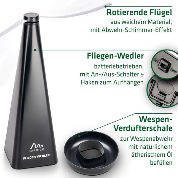 Fliegenwedler mit Wespen-Verdufter-Schale - Batteriebetriebener Insektenwedler für Esstisch & Outdoor - Zum Aufstellen und Aufhängen mit Haken