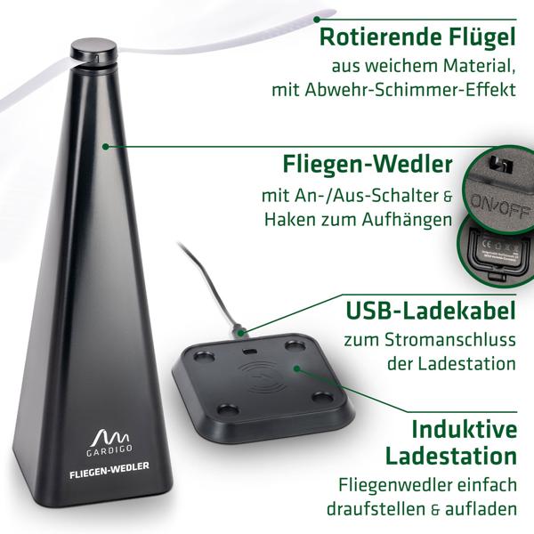 Fliegenwedler mit Induktionsladestation - Akku Insektenwedler für Esstisch & Deckenmontage - Fliegenverscheucher mit Dauerbetrieb-Funktion