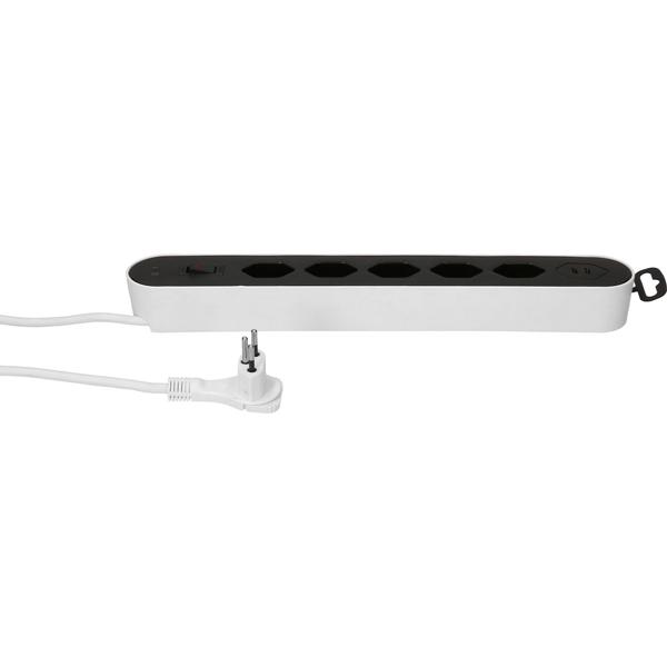 Power strip 5-way type 13, white & black with USB‑C PD 20 W & switch for kitchen, home office & household, 2.2 m