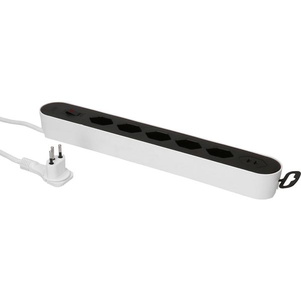Power strip 5-way type 13, white & black with USB‑C PD 20 W & switch for kitchen, home office & household, 2.2 m