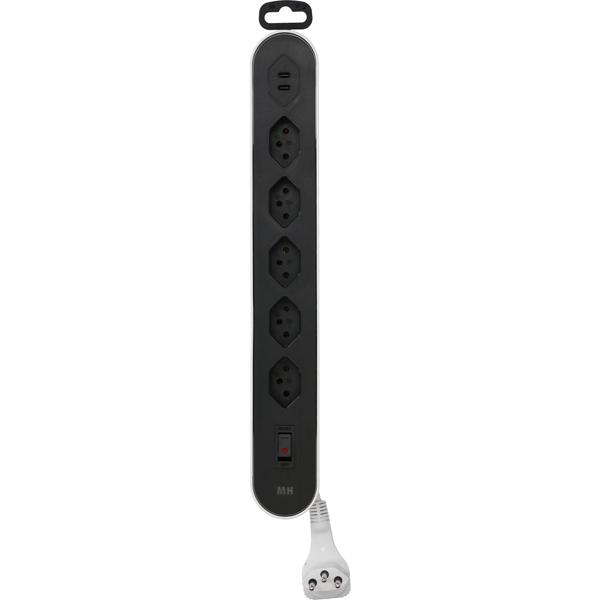 Power strip 5-way type 13, white & black with USB‑C PD 20 W & switch for kitchen, home office & household, 2.2 m