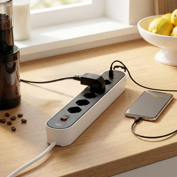 Power strip 5-way type 13, white & black with USB‑C PD 20 W & switch for kitchen, home office & household, 2.2 m