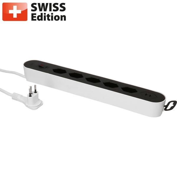 Power strip 5-way type 13, white & black with USB‑C PD 20 W & switch for kitchen, home office & household, 2.2 m
