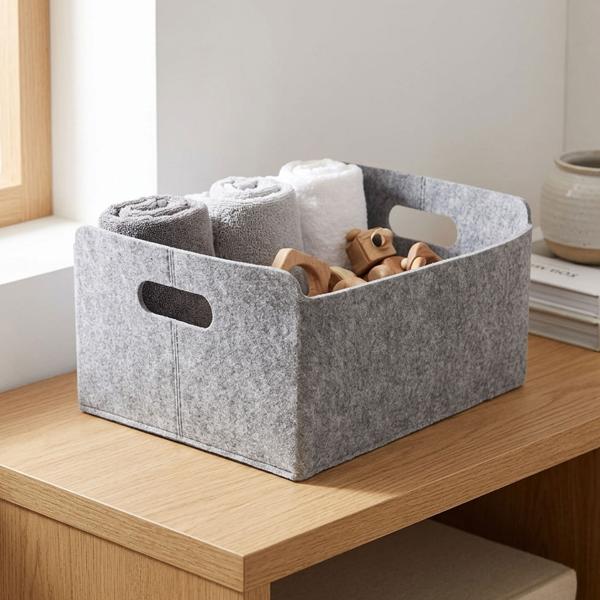 Grey felt storage basket – practical organiser with sturdy handles – versatile storage box for shelves & cupboards – 25x31x15 cm
