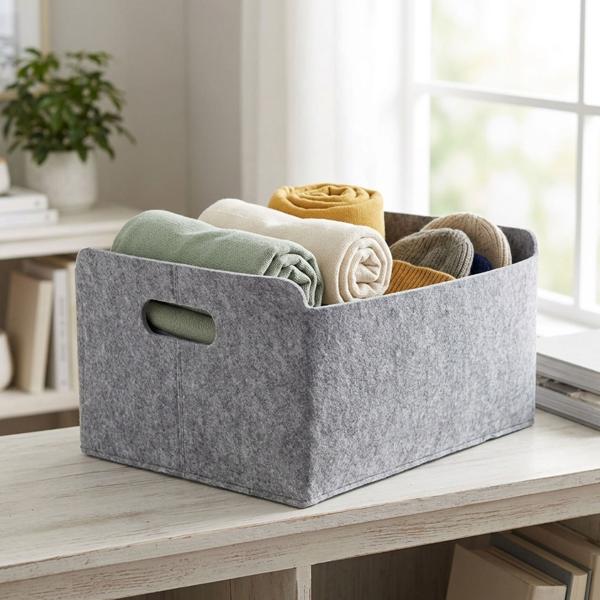 Grey felt storage basket – practical organiser with sturdy handles – versatile storage box for shelves & cupboards – 25x31x15 cm
