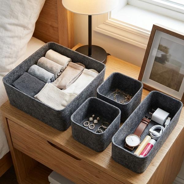 Set organizer per cassetti in feltro da 4 pezzi – Tre dimensioni diverse per un ordine perfetto – Scatole portaoggetti stabili con lati rinforzati