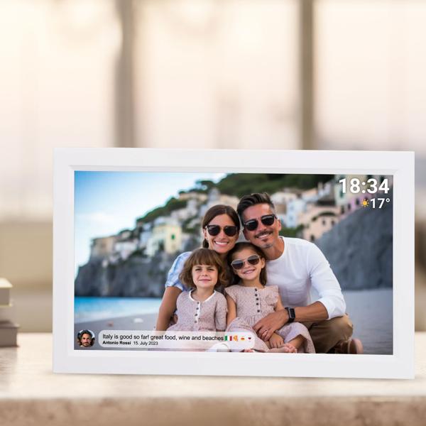 Cadre photo numérique interactif avec WLAN, blanc – Grand cadre photo Full HD 15,6“ comme idée cadeau smart pour mamie, papi et toute la famille