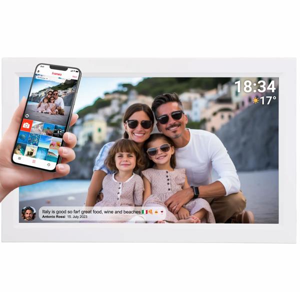 Cadre photo numérique interactif avec WLAN, blanc – Grand cadre photo Full HD 15,6“ comme idée cadeau smart pour mamie, papi et toute la famille