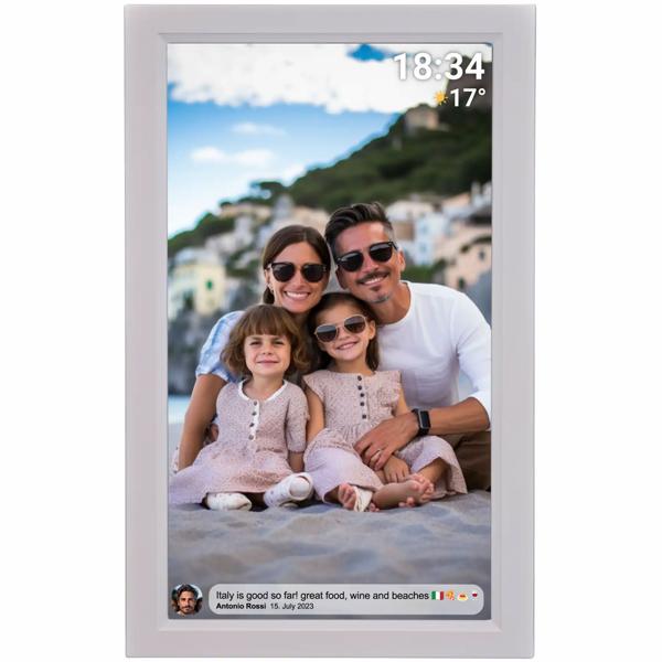 Cadre photo numérique interactif avec WLAN, blanc – Grand cadre photo Full HD 15,6“ comme idée cadeau smart pour mamie, papi et toute la famille