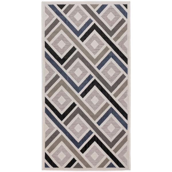 Robuster Outdoorteppich 80x150cm, Grau-Marineblau - Wetterfester Rauten Teppich für Balkon, Terrasse & Indoor, pflegeleicht
