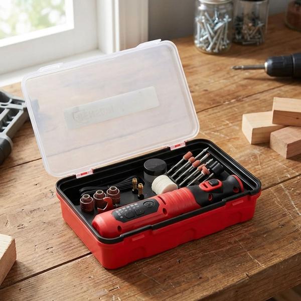 Mini smerigliatrice a batteria 8 V set – Multitool versatile per levigare & lucidare con LED, accessori & scatola di ripostiglio per il fai-da-te