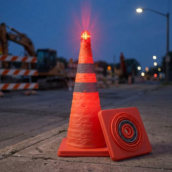 Set da 2 coni stradali pieghevoli da 50 cm con lampada di sicurezza e bande riflettenti – Cono di segnalazione compatto per auto ed emergenze